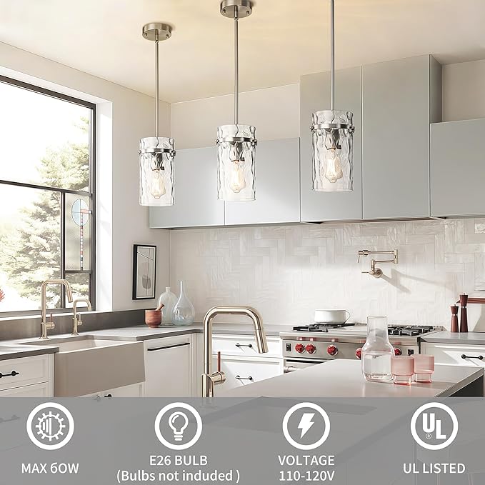 5.5" Brush Nickel Hammered Glass Pendant Light Fixtures, Brushed Nickel Kitchen Pendant Lights, Modern Kitchen Island Light Dining Room Light Farmhouse Island Lights Sink 2 Pack