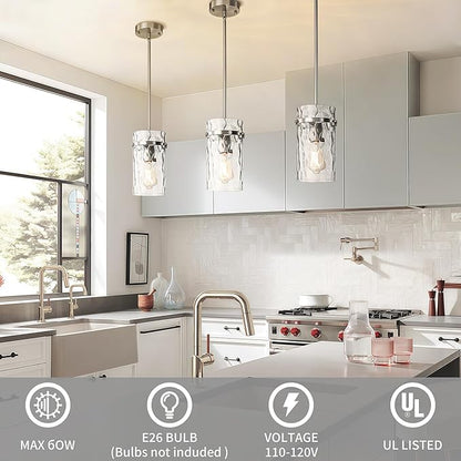 5.5" Nickel Hammered Glass Pendant Light, Brushed Nickel Kitchen Pendant Lights, Modern Kitchen Island Light Over Dining Light Fixture Bedroom Foyer 1 Pack
