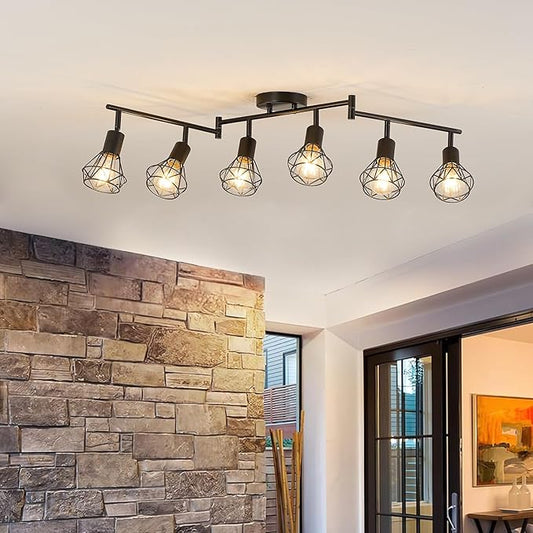6-Light Black Track Lighting Fixtures Ceiling Modern Farmhouse Track Lighting with Metal Cage E26 Base Kitchen Lights Fixture Flush Mount Ceiling Light Fixture for Dining Room(Bulbs Not Included)