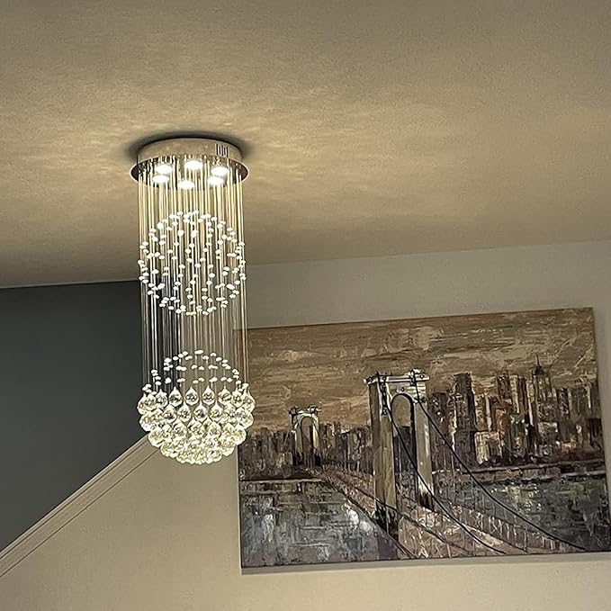 Crystal Modern Chandelier Contemporary 2 Balls Raindrop Crystal Chandelier Flush Mount Cylinder Chandelier Light Fixture Ceiling Lamp for Dining Room Living Room Kitchen Foyer Hallyway Bar