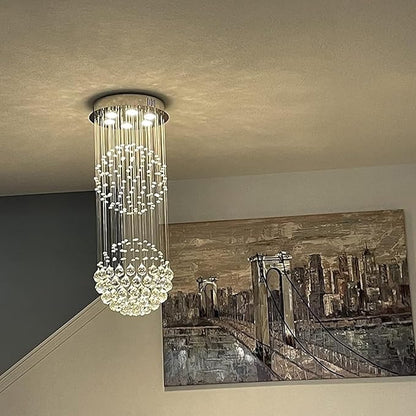 Crystal Modern Chandelier Contemporary 2 Balls Raindrop Crystal Chandelier Flush Mount Cylinder Chandelier Light Fixture Ceiling Lamp for Dining Room Living Room Kitchen Foyer Hallyway Bar