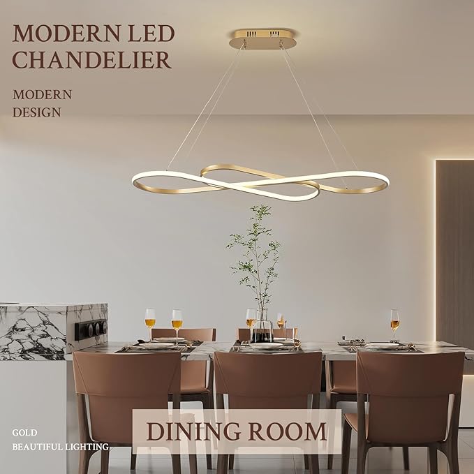 Modern LED Chandelier Gold Dimmable LED Pendant Light for Dining Room Light Fixture Over Table Modern Kitchen Island Lighting High Ceiling with Remote for Living Room(42 Inch, 3000K-6500K)