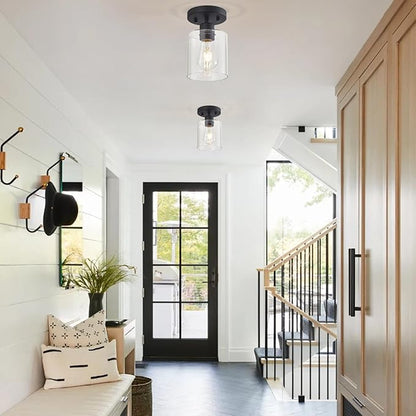 Black 1-Light Semi Flush Mount Ceiling Light, Rustic Kitchen Lighting Fixtures Ceiling, Classic Ceiling Light Fixtures, Cieling Light with Glass Shade for Hallway Foyer Farmhouse Bedroom 3 Pack
