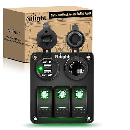 Nilight 3 Gang Rocker Switch Panel with USB Charger and Cigar Lighter 12V 24V Toggle ON Off Green Night Glow Stickers for Cars Rvs Trucks