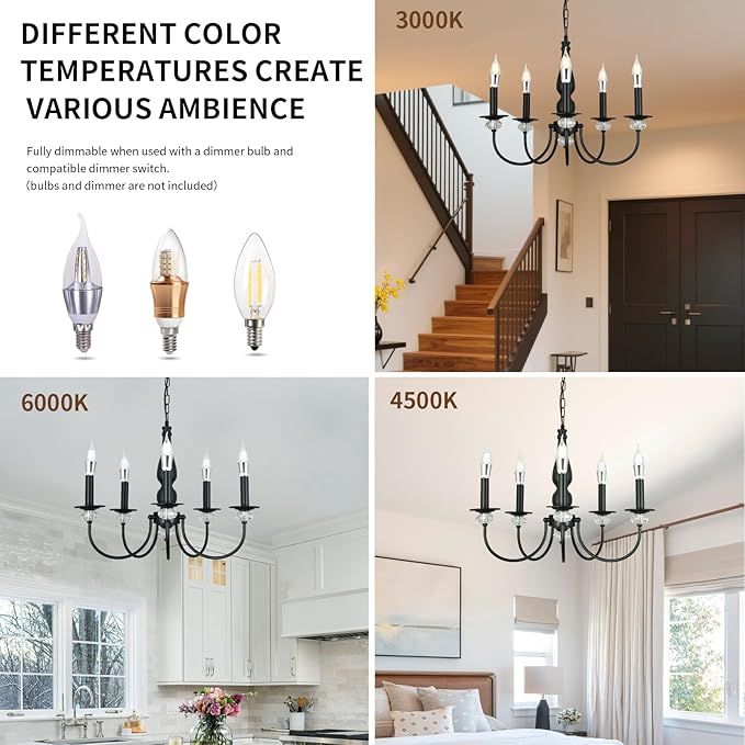 Black Chandelier, 5-Light Farmhouse Candle Chandelier for Living Room, Rustic Industrial Pendant Chandeliers for Dining Room, Vintage Crystal Hanging Light fixture for Hallway Kitchen Foyer E12