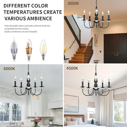 Black Chandelier, 5-Light Farmhouse Candle Chandelier for Living Room, Rustic Industrial Pendant Chandeliers for Dining Room, Vintage Crystal Hanging Light fixture for Hallway Kitchen Foyer E12