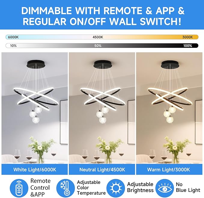 ORANOOR LED Modern 3 Ring Chandeliers for Dining Room, 24in Dimmable Kitchen Pendant Lamp, Black Dining Room Light Fixtures Ceiling Hanging Over Table, Globe Round Chandeliers for Living Room Bedroom