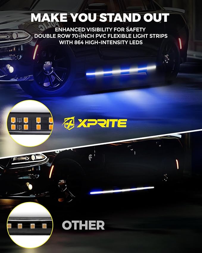 Xprite 2PCS 70 Inch Running Board Lights, 864 LED Emergency Strobe Light Strip, Truck LED Light Strip, Flexible Waterproof Running Board Emergency Lights for Trucks Pickup SUV Jeep – White & Blue