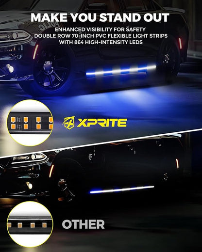 Xprite 2PCS 70 Inch Running Board Lights, 864 LED Emergency Strobe Light Strip, Truck LED Light Strip, Flexible Waterproof Running Board Emergency Lights for Trucks Pickup SUV Jeep – White & Blue