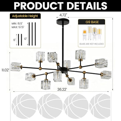 12-Light Black Crystal Chandelier Modern Sputnik Chandeliers for Dining Room Adjustable Height Sputnik Ceiling Light Fixture for Living Room Kitchen Island Bedroom