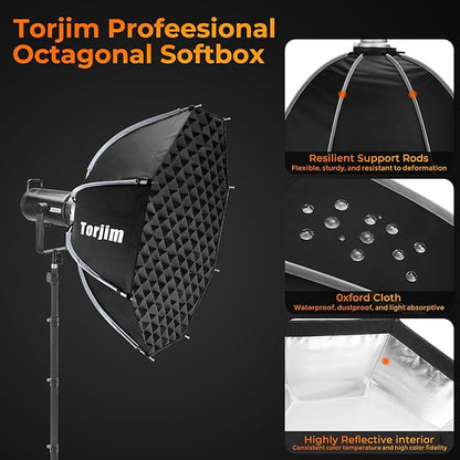 Torjim 35.4"/90cm Octagonal Softbox with Quick Release Bowens Mount, Portable & Collapsible with Removable Diffusers & Grid, Perfect for Portrait Photography, Video Production, and Studio Lighting