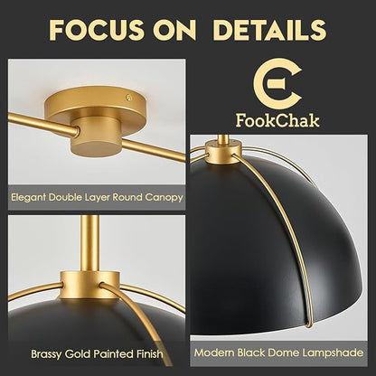 Black Dome Pendant Light 2 Light Socket Large Pendant Light Fixture with Adjustable Pendant Cord Black Gold Pendant Lighting for Kitchen Island Dining Room Kitchen Sink