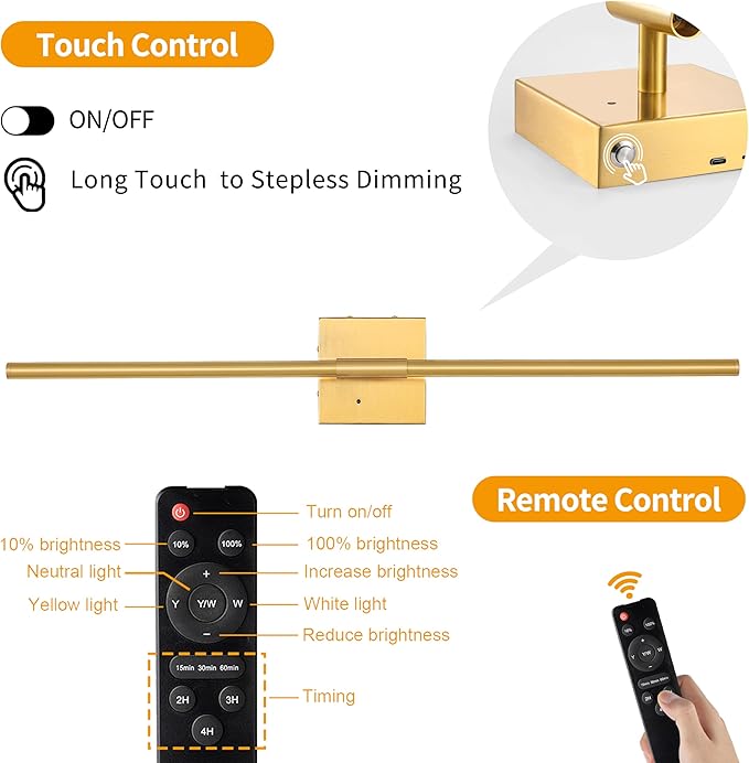 Morauroral 30″ Gold Battery Operated Wall Sconces Set of 2, Dimmable Wall Sconces with Remote Control, Rechargeable Sconces Wall Lighting, LED Wireless Wall Lights for Bedroom, Living Room, Bathroom