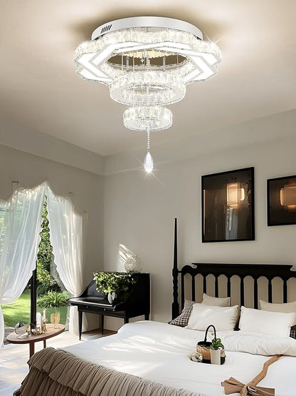 Flashing God Modern Crystal Chandeliers Dia 24" Silver Chandelier Flush Mount Ceiling Light for Bedroom Living Room Dining Room Hallway Dimmable 3 Rings LED Celing Lighting Fixtures