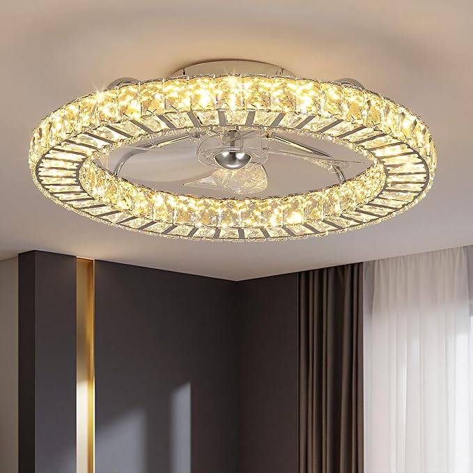LUDOMIDE 22" Modern Crystal Chandelier Ceiling Fan With Light, Smart 4-Light Color Change, LED Fandelier, Low Profile for Bedroom (Silver)