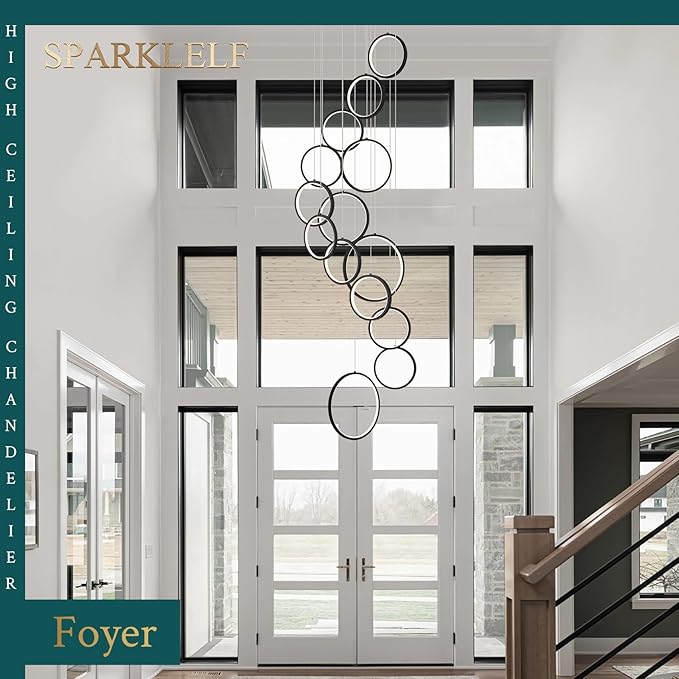 14 Rings Modern LED Chandelier for High Ceiling Dimmable Black Contemporary Foyer Long Chandelier for Entryway, Long Pendant Light Fixture Staircase Dining Living Room, 3000-6500K