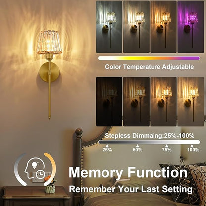 Battery Operated Crystal Wall Sconce Set of 2, Amber Rechargeable Wireless Wall Sconces with Remote Dimmable 12 Colors Modes Led Wall Lights for Bedroom Living Room Hallway, 2 Bulbs Included