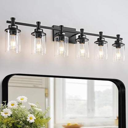 Modern Black Bathroom Vanity Lighting Over Mirror, 6 Lights with Clear Glass Shade, Metal Vanity Light Fixture for Bathroom, Bedroom, Living Room