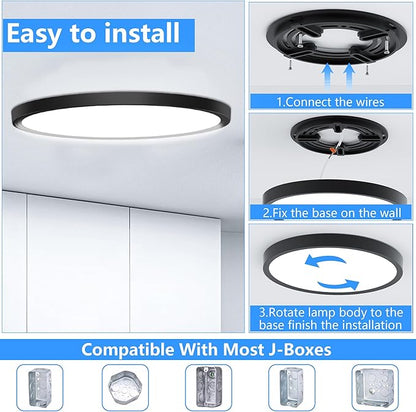 Flush Mount Ceiling Light Fixtures,12inch Flat led Light for Ceiling,6500K 3200LM Ultra Thin Round Black Lamp for Bedroom Kitchen,Bathroom,Garage,Living Room, Dining Room - 4PCS