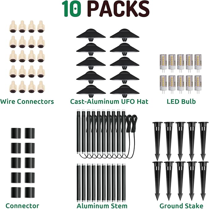 Lumina Lighting® Low Voltage Landscape Lighting Cast-Aluminum Path and Area Light Warm White 3W G4 LED Bulb and ABS Ground Stake Included for Yard Walkway Lawn PAL0108-BkLED10 (Black,10-Pack)