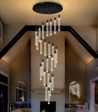 HAIXIANG 13 Foot High Ceiling Chandelier for Entryway Modern Crystal Lights for Living Room Foyer Flush Mount Sloping Ceiling Pendant Light Fixture Remote Dimmable 24-Lights Black