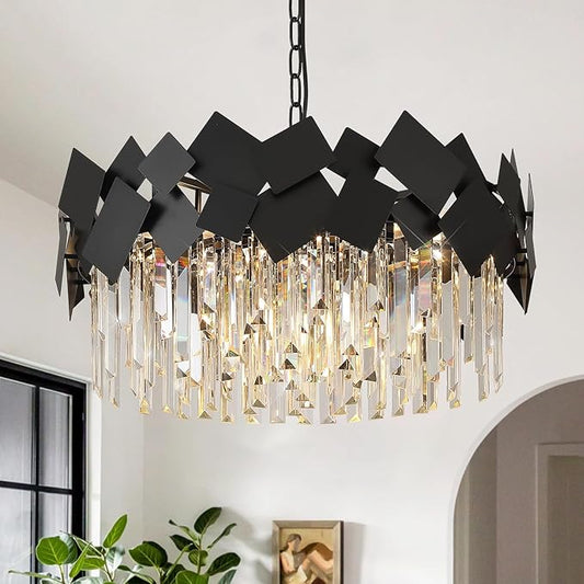 A AXILIXI Modern Crystal Drum Chandeliers 24" Black Round Chandelier Luxury K9 Crystal Chandeliers Light Fixture Flush Mount Chandelier Contemporary for Living Room Dining Room Foyer Staircase