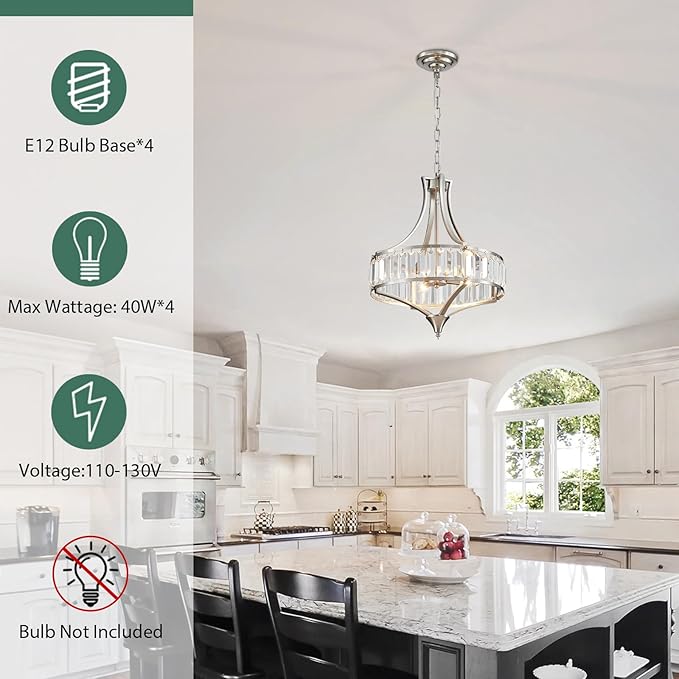 Modern Crystal Chandelier Brushed Nickel, Round Pendant Lighting Fixtures, 15.7" Height Adjustable Farmhouse Ceiling Light for Living Room, Kitchen Island, Dining Room
