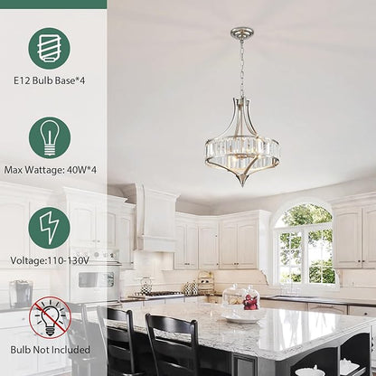 Modern Crystal Chandelier Brushed Nickel, Round Pendant Lighting Fixtures, 15.7" Height Adjustable Farmhouse Ceiling Light for Living Room, Kitchen Island, Dining Room