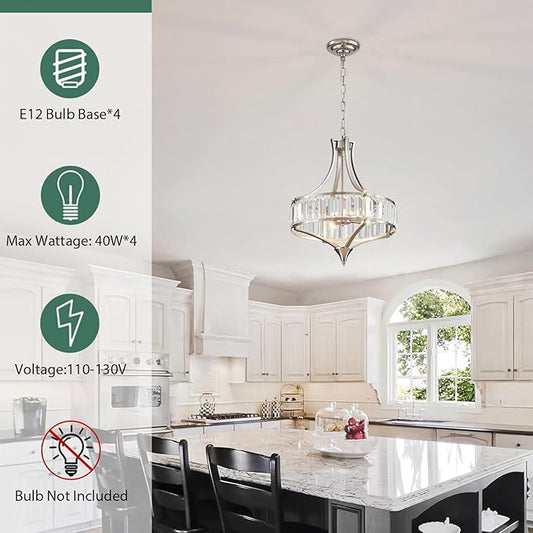 Modern Crystal Chandelier Brushed Nickel, Round Pendant Lighting Fixtures, 15.7" Height Adjustable Farmhouse Ceiling Light for Living Room, Kitchen Island, Dining Room
