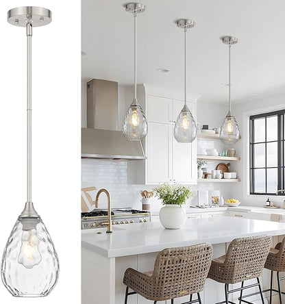 Glass Pendant Lights Kitchen Island, 1-Light Modern Brushed Nickel Pendant Light Fixtures with Hammered Glass and Rods, Small Hanging Light for Kitchen Sink Dining Room Bathroom