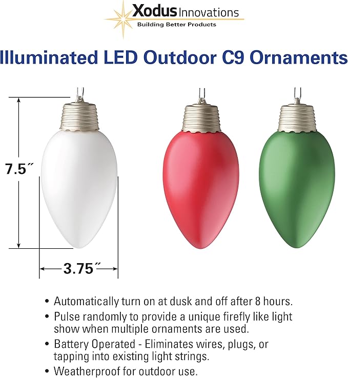 Xodus Innovations WP900 Battery Powered Hanging Decorative Outdoor Pulsing 8 inch C9 Bulb Style Light with Sensor Turns-On at Dark, Single