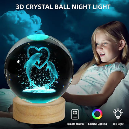 3D Dolphin Crystal Ball Night Light, Upgraded 3.15 Inch Glass Ball Lamp with 16 Color LED Wooden Base, Dolphin Decor Birthday Holiday Christmas Gifts for Boys Girls Friends