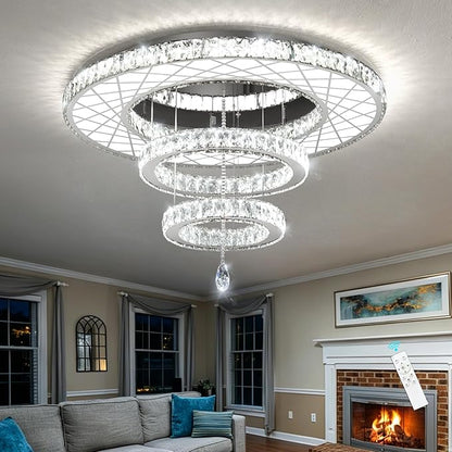 32"W Modern Chandeliers Living Room Light Crystal Flat Mounted Ceiling Lights Dining Room Light Bedroom Ceiling Drop Lighting Fixture Remote Dimmable Lights Bright Light with Dimming Night Light LED