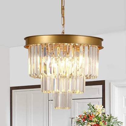 AXILIXI Gold Crystal Chandeliers 16” Modern Ceiling Pendant Light Fixture for Dining Room Dimmable Small Flush Mount Chandeliers Round for Foyer Kitchen Island Entryway