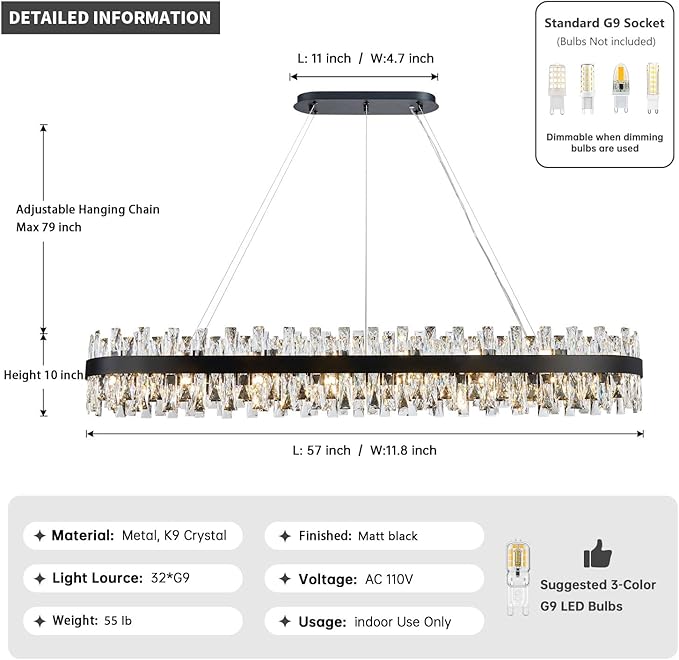 Modern Black Crystal Chandelier for Dining Room, Rectangle K9 Crystal Raindrop Chandelier Lights, Contemporary Ceiling Hanging Light Fixtures for Kitchen Island Dining Room, Length 57 inches
