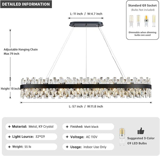 Modern Black Crystal Chandelier for Dining Room, Rectangle K9 Crystal Raindrop Chandelier Lights, Contemporary Ceiling Hanging Light Fixtures for Kitchen Island Dining Room, Length 57 inches
