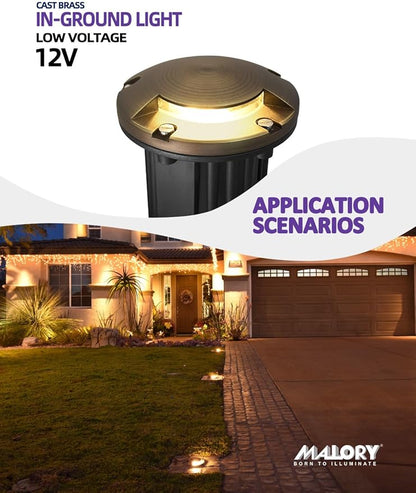 MALORY Brass Top Cover Landscape Well Lights,(5‘’H) 12V Low Voltage Outdoor In Ground Lights,Landscape Lighting for Pathway, Driveway and Garden (One-Direction Turret, 4-Pack with Bulb)