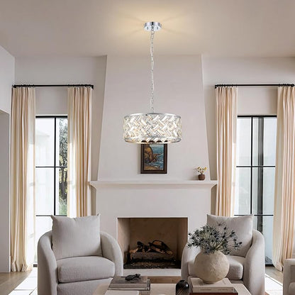 Chrome Crystal Chandelier, 4-Light Morden Dining Room Light Fixture,15.16" Round Semi Flush Mount Chandeliers for Kitchen Foryer Entryway Hallway Living Room Bedroom (ETL Listed)