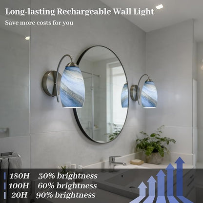 Battery Operated Modern Wall Sconce Set of 2, Rechargeable Wireless Wall Lights with Touch & Remote Control, Dimmable 3 Color Temperatures, Hand-Blown Glass for Bedroom Living Room