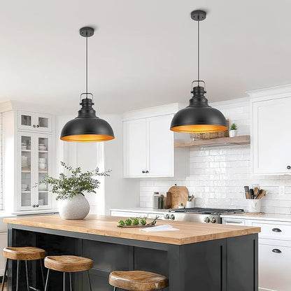 Refice 16 Inch Farmhouse Pendant Lights Kitchen Island Black Pendant Lighting Industrial Dome Island Pendant Lights, Adjustable Height, Hanging Lights, Dining Room, Barn
