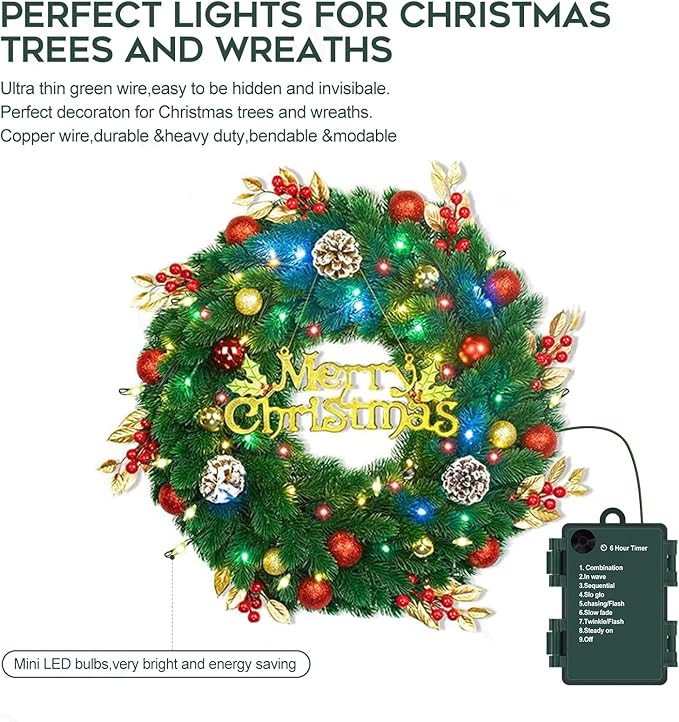 Battery Operated Christmas Lights, 33 FT 100 LED Mini String Lights with Timer and 8 Modes, Green Wire Outdoor Waterproof String Lights for Tree Xmas Indoor Holiday Party Garden Decor, Multicolor