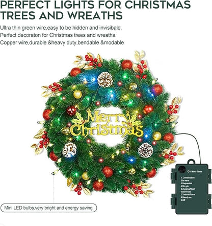 Battery Operated Christmas Lights, 33 FT 100 LED Mini String Lights with Timer and 8 Modes, Green Wire Outdoor Waterproof String Lights for Tree Xmas Indoor Holiday Party Garden Decor, Multicolor