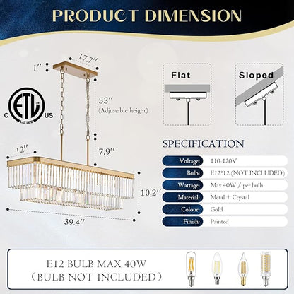 Rectangle Crystal Chandelier L40” 12 Lights Modern Gold Rectangular Long Chandeliers Luxury K9 Ceiling Pendant Light for Kitchen Island Dining Room Living Room Bar