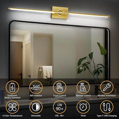 1 Pack Rechargeable Wall Sconce - Gold 10000mAh Battery Operated Wall Sconce with Remote and Touch, 31-inch LED Wireless Wall Light, 360° Rotate 4CCT Wall Scone Decor for TV, Bedroom, Living Room