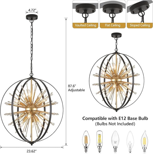 MEIXISUE Modern Sputnik Chandelier,Black Gold Globe Crystal Firework Pendant Light Fixture Industrial 12-Light for Entryway Foyer Kitchen Dining Living Room UL Listed