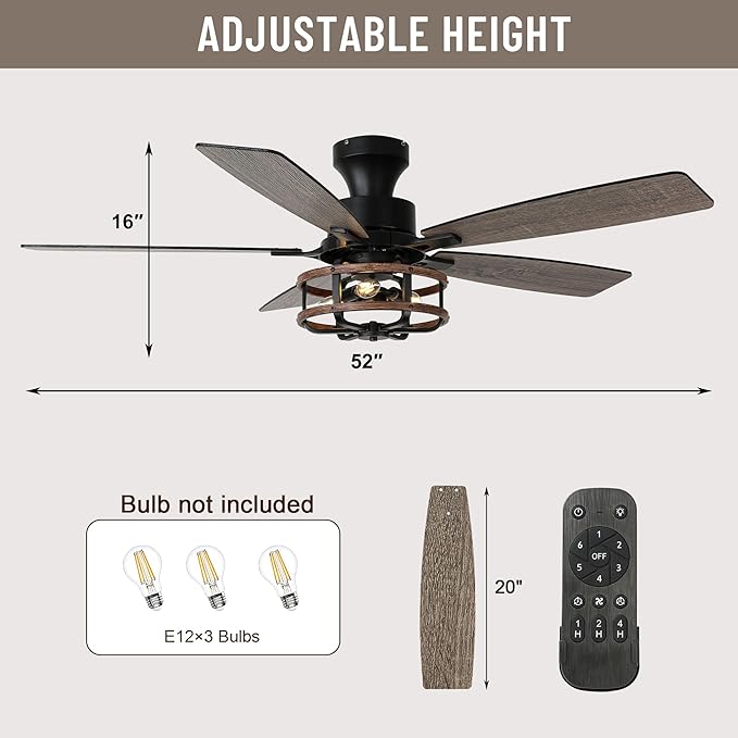 52" Farmhouse Ceiling Fans with Lights and Remote,Chandelier Ceiling Fan with 5 Double Colour Blades Reversible DC Motor,Rustic Caged Ceiling Fan for Living Room,Dining Room,Bedroom