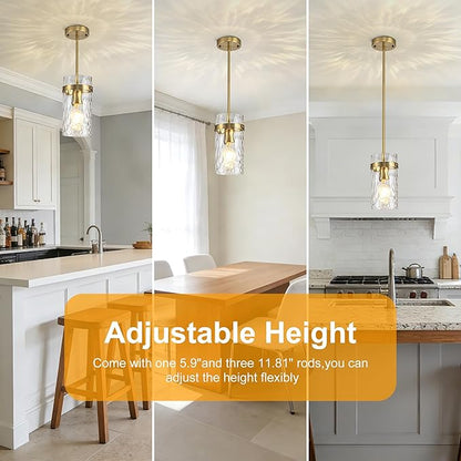3 Pack Brushed Gold Pendant Lights Kitchen Island, Hammered Glass Pendant Lighting Over Island, Kitchen Hanging Light Fixtures Pendant Light Over Sink for Kitchen Entryway Foyer Dining Room