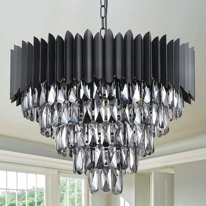 A AXILIXI Black Crystal Chandeliers,Contemporary 24'' Modern Ceiling Lights Fixtures Flush Mount Pendant Light 12 Lights 5-Tiers K9 Large Hanging Lamp for Entryway Dinning Room Living Room Bedroom