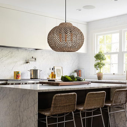 3-Light Rattan Pendant Light, 16.54" Hand-Woven Wicker Chandelier, Boho Basket Pendant Light for Dining Room Bedroom, Living Room, Bedroom, Kitchen, Farmhouse
