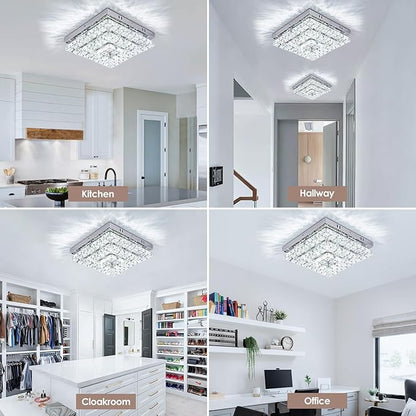 11.8" Crystal Chandelier LED Crystal Flush Mount Ceiling Light Modern Chandeliers Square Ceiling Light for Bedrooms Hallway Kitchen Office (6500K Cool White) Without Remote Control